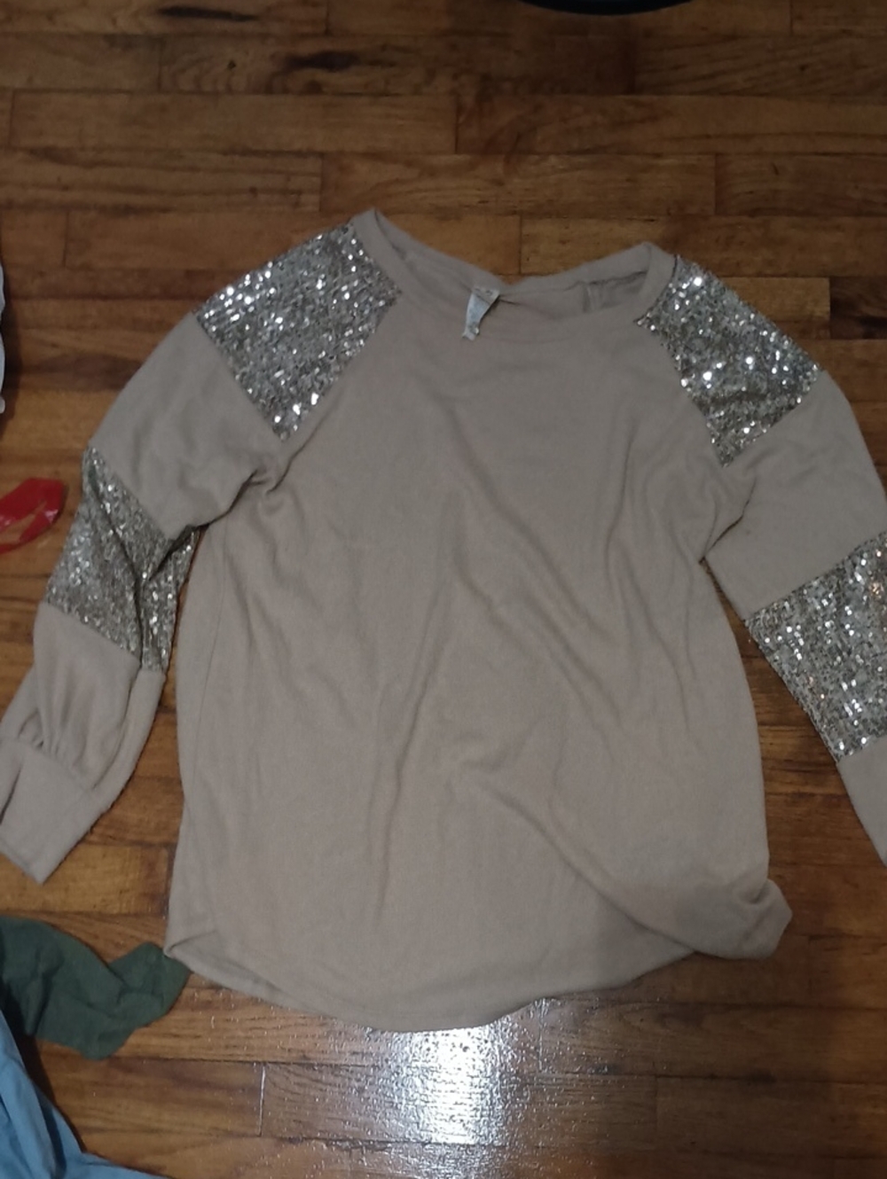 Sequin Accent Long Sleeve Top in Taupe